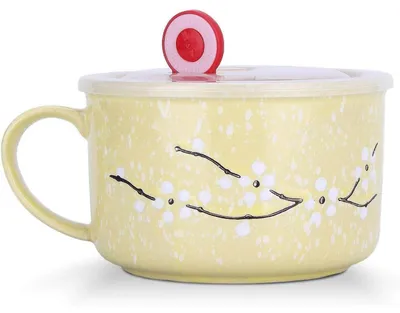 Immagine prodotto di Ciotola grande per cereali da 800 ml, con coperchio e manico, in Vetroceramica, con motivo di fiori di ciliegio/fiocchi di neve, colore giallo