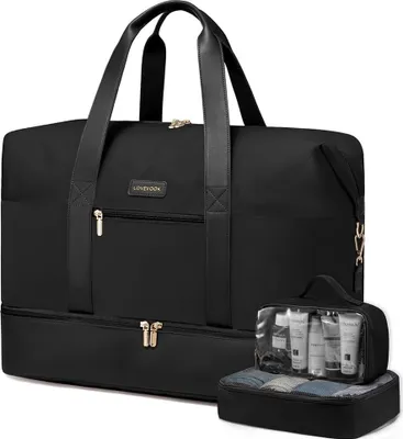 Produktbild von Große Wochenendtasche für Damen - Handgepäck Tasche 45 x 36 x 20 - Sporttasche mit Kosmetiktasche und Schuhfach - schwarz 45x36x20cm