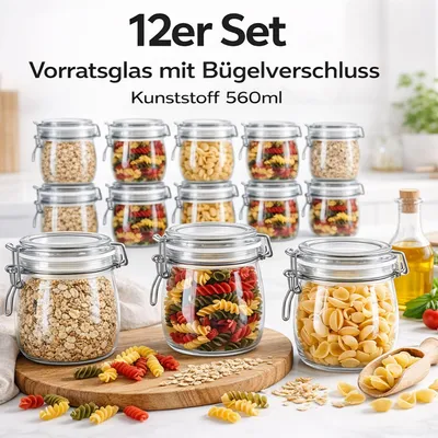 Produktbild von 12 Vorratsgläser Bügelverschluss Aufbewahrungsglas Bruchsicher Kunststoff 560ml