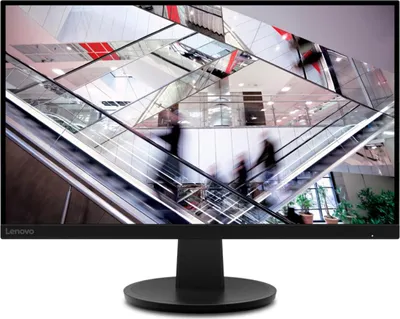 A Lenovo monitor displaying a dynamic image of a modern building interior with escalators and people.