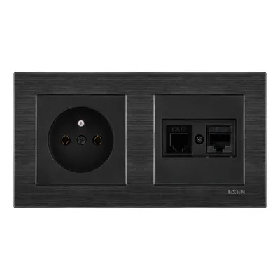 Image de Prise simple + prise RJ45 Cat. 6 + prise téléphonique RJ11 Noir + double cadre COMFORT Noir cosmique EXEN