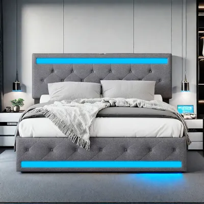 Immagine prodotto di UnboxG Letto imbottito 140x200 con LED e connessione USB, 4 cassetti, letto matrimoniale in flanella con contenitore, letto con rete a doghe, schienale della testata, struttura letto moderna, grigio