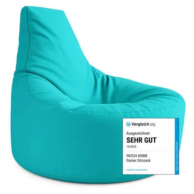A turquoise beanbag chair is shown against a white background, with a review badge in the lower right corner.