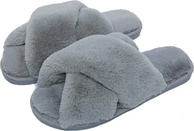 Produktbild von ASKSA Hausschuhe Damen Plüsch Schlappen mit Fell, Bequem Open Toe Winter Warme Pantoffeln, Grau, Größe: 36-37