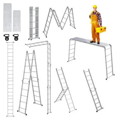 Produktbild von 6 in 1 Aluminium Multifunktionsleiter - Klappleiter, Stehleiter, Ausziehbar, bis 150 kg mit Arbeitsplattform und Gerüst, 4x5 Stufen, Silber