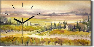 Produktbild von Wanduhr Uhr Wandbild Leinwand Quarz 60x30 Toskanische Landschaft Aquarelle - schwarze Hände