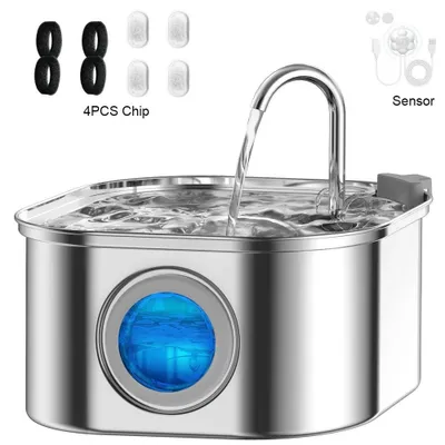 Immagine prodotto di Fontanella per gatti e cani - Dispenser automatico di acqua - Capacità: 3,2 litri - Acciaio inossidabile - Pompa silenziosa - Luce LED - Sensore a 4 chip