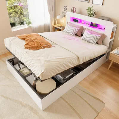 Immagine prodotto di Letto in legno Merax, struttura 140x200 cm con contenitore idraulico, letto matrimoniale con testiera a LED, letto a piattaforma per ragazzi con prese elettriche e vani portaoggetti, bianco