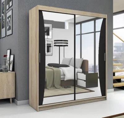 Produktbild von Schwebetürenschrank, 2-türig Schrank mit Spiegel! Moderne Garderobe für Kleidung. Verschiedene Farben (Weiß, Schwarz, Somona) Kleiderschrank NIKO 180 cm