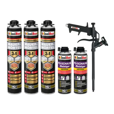 Produktbild von Isolbau Mauermörtel Pistolenschaum SET - Teflon Schaumpistole, 2 x PolyurethanReiniger Montageschaum Klebeschaum PolyurethanMörtel 3 x 750ml