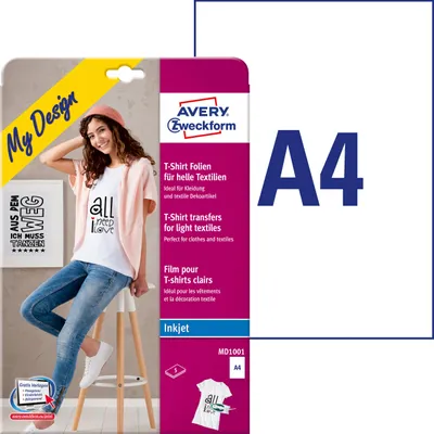 Produktbild von Avery Zweckform MD1001, Transferfolien für helle Textilien, 210 x 297 mm, 5 Bögen