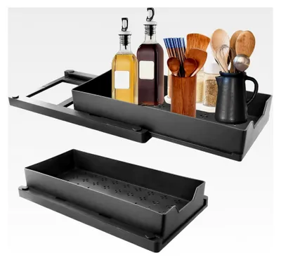 Produktbild von Teleskopschublade zum Kleben, Ausziehbare Schublade für die Küche (17,6 cm B x 38,7 cm T x 6,8 cm H), Küchenschrank-Organizer, Kein Bohren oder Nageln Erforderlich (Weiß, 1 Stück)