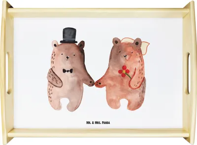 Produktbild von Mr. & Mrs. Panda Tablett Bär Heirat - Weiß - Geschenk, betttablett, Teddy, Serviertablett, Verheiratet Heirate Hochzeit Hochzeitsgeschenk Hochzeitspaar, aus holz, Servier