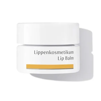 A white jar of lip balm with a yellow band and text on it, set against a white background.