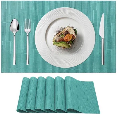 Immagine prodotto di Set di 6 tovagliette in PVC Unyqoos® – impermeabili e resistenti al calore fino a 80°C, dimensioni 45x30 cm, antiscivolo, design tessile, facili da pulire, colore blu, adatte per uso domestico e professionale (ristorazione)