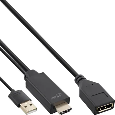 Produktbild von InLine HDMI ST zu DisplayPort BU Konverter Kabel, 4K, schwarz/gold, 0,3m, 0,3 m, HDMI Typ A (Standard), DisplayPort, Stecker, Buchse, Gerade