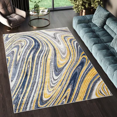 Image de Tapis SHINE Moderne Design Vintage Gris Bleu Or Oeko-Tex 140 x 200 cm