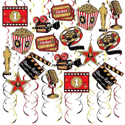 Produktbild von 48er-Set Kinoabend Girlanden Hollywood Deko Popcorn Filmrolle Rot Schwarz Gold