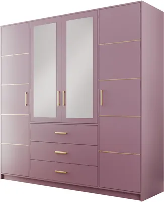 A purple wardrobe with gold accents and mirrored doors is shown against a white background.