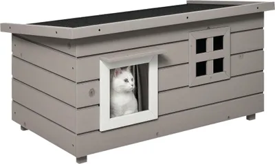 Produktbild von Katzenhaus Katzenhütte mit Asphaltdach Katzenhöhle Kleintierhaus mit Fenster für Katzen Hunde Outdoor Winterfest Tannenholz Grau Schwarz 87 x 52 x 44 cm