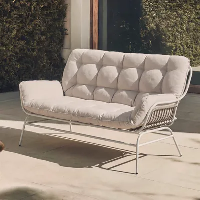 Immagine prodotto di Divano a 2 posti HWC-P75, divano da giardino Panchina da giardino Divano a 2 posti, tessuto 220 g/m² Poly-rattan Metallo ~ grigio chiaro, imbottitura beige