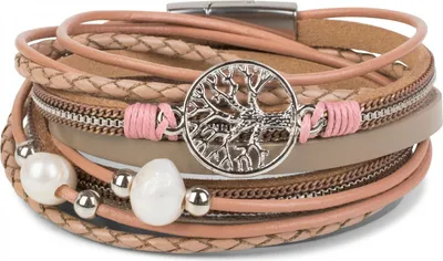 Produktbild von styleBREAKER Wickelarmband mit Perlen, Ketten, Flecht Element und Lebensbaum Anhänger, Magnetverschluss, Armband, Damen 05040070