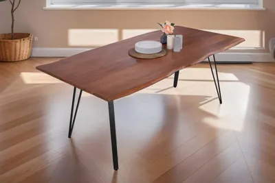 Produktbild von Baumkantentisch 180x90 cm Celia, Akazienholz nussbaumfarben + massiv, echte Baumkante, Esstisch aus Massivholz, Esszimmertisch mit Metallgestell Schwarz