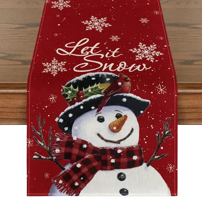 Produktbild von 2 Stück Mode Schneemann Winter Küche Tischläufer Weihnachtsdeko Jutedecke Tischläufer Tischdeko Weihnachten Tischdeko Weihnachten 40x140cm (Roter Schal)