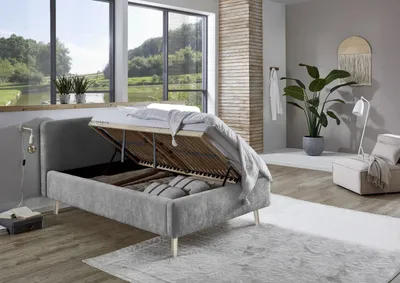Produktbild von Meise Möbel Stauraumbett Mattis 120x200 cm | Bettkasten & Lattenrost (Federholzrahmen) | Strukturstoff Grau | Holzfuß sandfarbig
