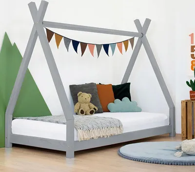 Produktbild von Kinderholzbett NAKANA in Form eines Tipis 140x200 cm Dunkelgrau