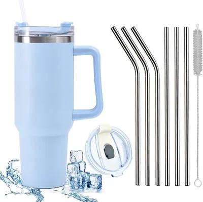 Produktbild von 1200 ML Isolierbecher Edelstahl mit Griff 40 OZ Doppelwandiger Kühlbecher Reisebecher Autobecher mit Strohhalm und Auslaufsicher Becherdeckel, hellblau, 9 Stück, 40 OZ