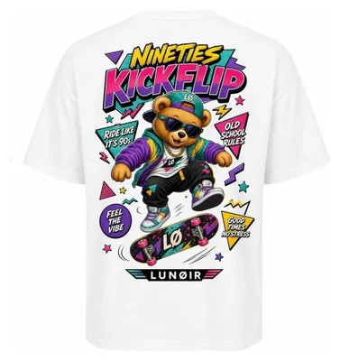 Produktbild von Damen Oversize T-Shirt Weiß XS – Bedrucktes Shirt mit Skateboard Motiv aus Baumwolle – LUNØIR ©