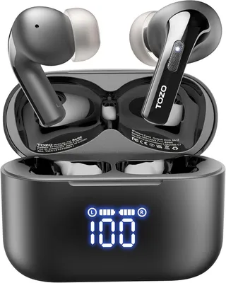Produktbild von TOZO T20 Kopfhörer Kabellos Bluetooth 5.3 Bluetooth Kopfhörer IPX8 Wasserdicht In Ear Ohrhörer mit LED-Anzeige, APP Steuerung, 48.5 Std Akkulaufzeit, Dual-Mic Noise Cancelling Kopfhörer - Schwarz