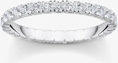 A close-up studio shot of a diamond eternity ring on a white background.