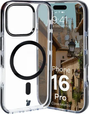 Produktbild von Bizon Case Marco Magnetische Ringhülle für iPhone 16 Pro, Transparent mit schwarzem Rahmen