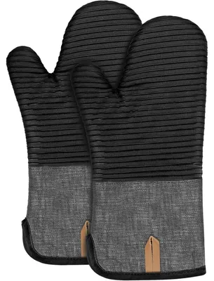Productafbeelding van Ovenwanten, panwanten, extra lang, katoen met antislip siliconen, gestreept, set van 2, zwart