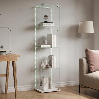 Produktbild von Glasvitrine - Vitrinenschrank - 163 x 40 x 35 cm - LED-Beleuchtung - 4 Glasböden - 1 Tür - Weiß