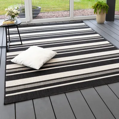 Produktbild von Steffensmeier In- und Outdoor Teppich Bergen Küche Balkon Garten Flur, wasserfest, Kunststoff, Streifen Schwarz, Größe: 160x230 cm