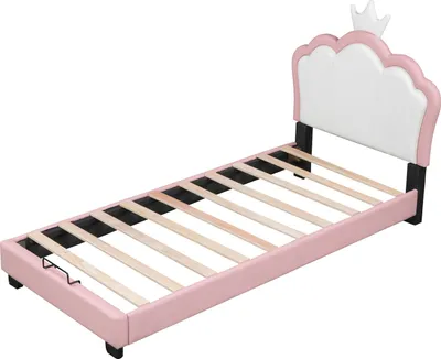Produktbild von Kinderbett Polsterbett mit Lattenrosten und Rückenlehne, Mädchenbett mit Kronenformung, rosa