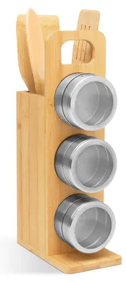 Immagine prodotto di Portaspezie magnetico in bambù con utensili da cucina - Barattoli per spezie con coperchi per spolverare - Portaspezie