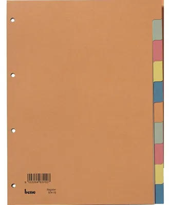 Produktbild von Bene Kartonregister, DIN A4, 10-teilig, blanko, durchgefärbter Karton, farbig, 4-fach Lochung