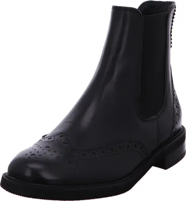 A black leather boot with decorative perforations and elastic side panels.