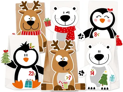 A collection of Christmas-themed advent calendars shaped like cartoon animals.