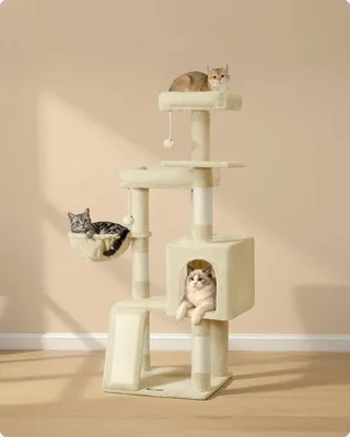Produktbild von FEANDREA Kletterbaum mehrstufig, mit Rampe, Kratzsäulen, 3 Plattformen, Höhle, Korb, 2 Bällen, 136 cm hoch, beige