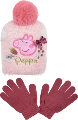 Zdjęcie produktu dla Peppa Pig Wutz dziecięcy komplet zimowy dla dziewczynek czapka zimowa i rękawiczki, Kolor:różowy, Rozmiar:54