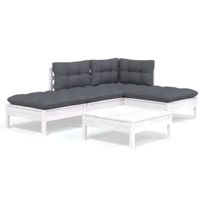 Produktbild von 5-tlg. Garten-Lounge-Set mit Kissen Weiß Kiefernholz