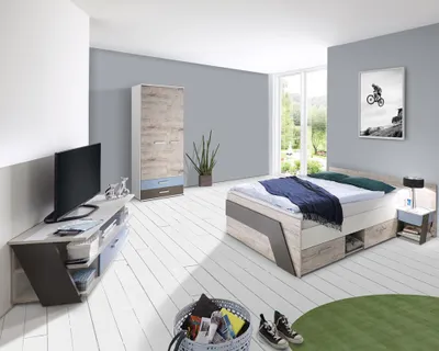 Produktbild von Jugendzimmer Set mit 140x200cm Bett LEEDS-10 in Sandeiche Nb. mit weiß, Lava und Denim Blau