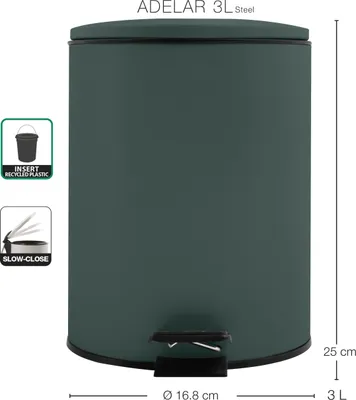 Image de Spirella Seau à cosmétique 3 litres en inox avec abaissement automatique et seau intérieur "Adelar" Poubelle de salle de bains Softclose Poubelle vert foncé