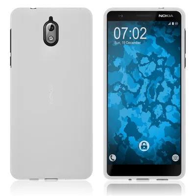 A white Nokia phone case is shown from the front and back, next to a white Nokia smartphone.