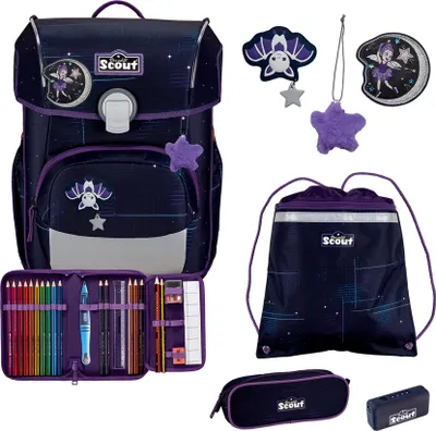 A collection of school supplies including a backpack, pencil case, and drawstring bag, all with a starry night theme.